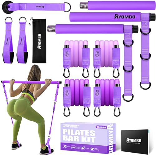 Ayombo Pilates Bar Kit with Resistance Bands, Pilates Workout Equipment for Legs, Hip, Waist, Arm, Squats Exercise Equipment for Home Workouts, Adjustable 3-Section Pilates Bar Kit for Women & Men - color: Purple
