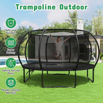 8FT 10FT 12FT 14FT 16FT Outdoor Trampoline with Safety Enclosure Net - color: Black, size: 12 FT