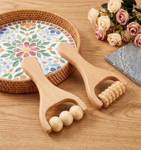 2 Pcs Wooden Massage Roller Handheld Bead Massage Tool for Muscle Relief, Body Care Manual Tool for Neck Back Leg Foot, Handheld 3 Bead Gear Roller for Home Gym Travel