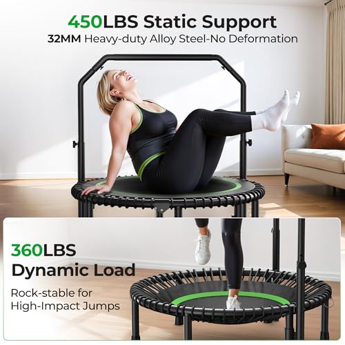 BCAN BT2 450/550LBS Mini Rebounder Trampoline for Adults with Bar, Fitness Trampoline with Bungees, Adjustable Handle, Stable & Quiet, Indoor Outdoor, Whole-Body Workout - 40IN/48IN | FED Fitness