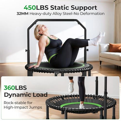 BCAN BT2 450/550LBS Mini Rebounder Trampoline for Adults with Bar, Fitness Trampoline with Bungees, Adjustable Handle, Stable & Quiet, Indoor Outdoor, Whole-Body Workout - 40IN/48IN | FED Fitness