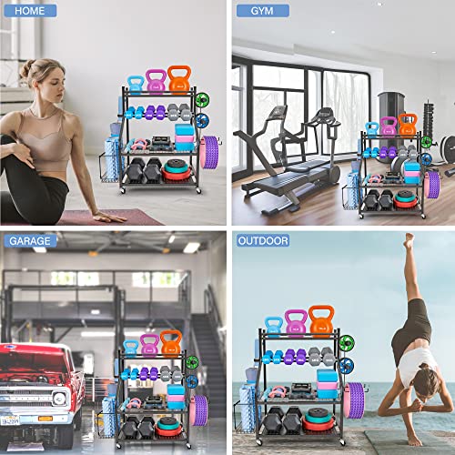 Dumbbell Rack, Yoga Mat Storage Rack - Weight Rack for Dumbbells, Home Gym Storage Rack for Yoga Mat, Dumbbells and Kettlebells, All in One Workout Equipment Storage with Caster Wheels