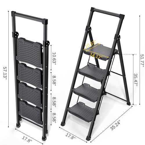 KINGRACK Step Ladder 4 Step Folding, 900lbs 4 Step Ladder with Anti-Slip Wide Pedal and Handrails, Lightwight Household Ladder, Pass 900LBS Testing, for Your Kitchen, Pantry, Closets, Office Use - size: 4-step with handrail