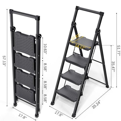 KINGRACK Step Ladder 4 Step Folding, 900lbs 4 Step Ladder with Anti-Slip Wide Pedal and Handrails, Lightwight Household Ladder, Pass 900LBS Testing, for Your Kitchen, Pantry, Closets, Office Use - size: 4-step with handrail
