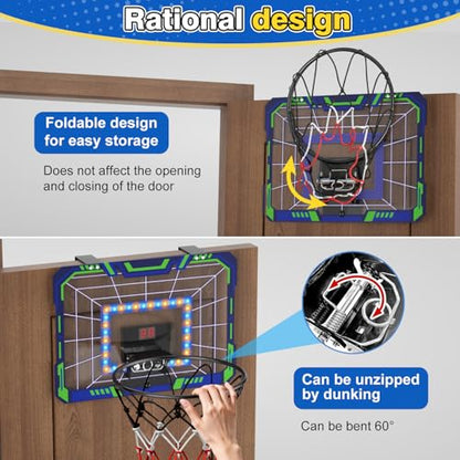 Kids Indoor Basketball Hoop - Over The Door Mini Basketball Hoop with LED Scoreboard, Lights & Sound, Includes 4 Balls - Fun Birthday for Boys & Girls Ages 3-12 to Play Anywhere