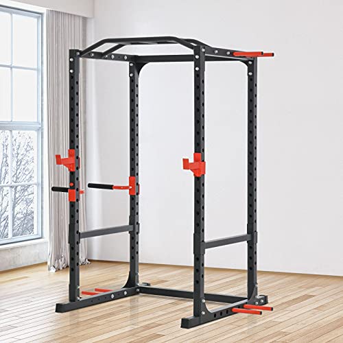 Soozier Adjustable Power Tower Dip Station Pull Up Bar Squat Rack Power Cage At Home Workout Equipment, Upper Body Strength Training Equipment, Black