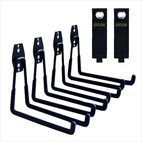 Garage Hooks, 4 Pack Wall Mount Storage Hanger with 2 Extension Cord Holder Organizer, Heavy-Duty 7.5 inch Long Hooks for Ladder, Ski, Sports, Utility, Garden Tool, Hose Storage Rack Organizer - color: Black 4 Pack