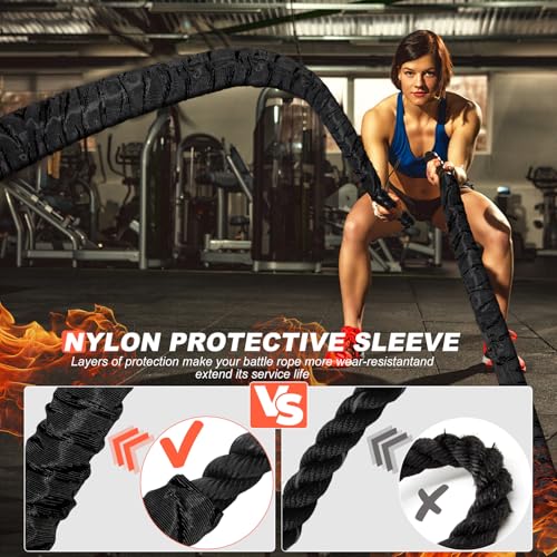 Battle Ropes for Home Gym Exercise - 1.5 Inch Diameter 40FT Length Workout Rope Training Exercise Ropes with Protective Sleeve, Heavy Battle Rope for Workout Exercise Fitness & Strength Training - style: 1.5IN-40FT