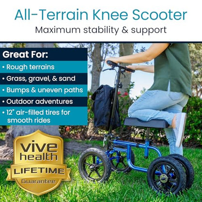 Vive Mobility All Terrain Knee Scooter Walker for Foot Injuries - Adult Broken Leg Crutch Cart Roller for Surgery, Broken Foot, Ankle Injury - Kneeling Rolling Steerable Seated Wheel Scooter Aid - color: Blue