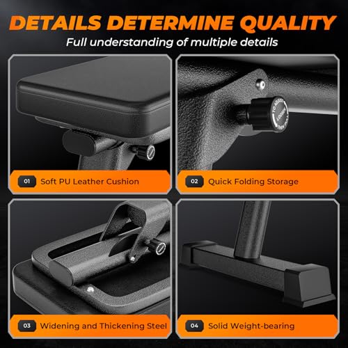 BODY RHYTHM Semi-Commercial Foldable Flat Bench for Multi-Purpose Weight Training and Ab Workout, Flat Weight Workout Exercise Bench with 1000lb Weight Capacity for Strength Training Bench Press, Suitable for Home and Gym.
