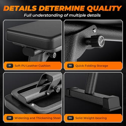 BODY RHYTHM Semi-Commercial Foldable Flat Bench for Multi-Purpose Weight Training and Ab Workout, Flat Weight Workout Exercise Bench with 1000lb Weight Capacity for Strength Training Bench Press, Suitable for Home and Gym.