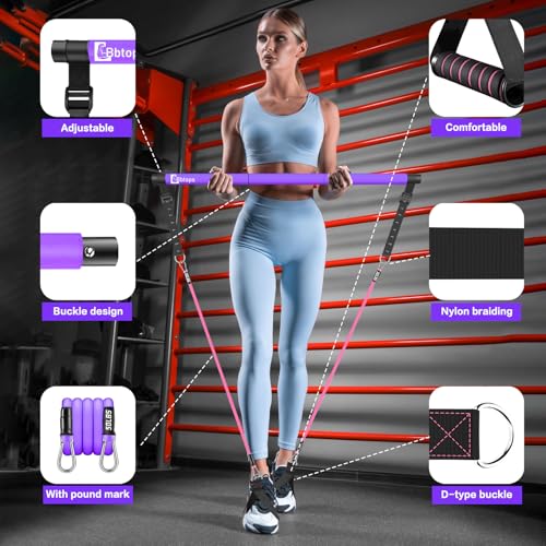 Pilates Bar Kit with Resistance Bands,Pilates Bar with Stackable Bands Workout Equipment for Legs,Hip,Waist and Arm,Exercise Fitness Equipment for Women & Men Home Gym Yoga Pilates - color: Hot Purple