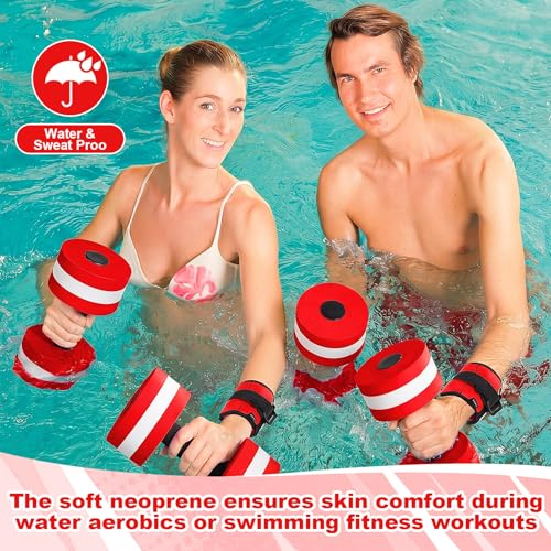 Hollowfly Water Aerobics Set, 4 Piece Pool Exercise Kit (2 Aquatic Dumbbells + 2 Ankle/wrist Weights), EVA Foam, Low-impact Workout - color: Red, size: 1lb