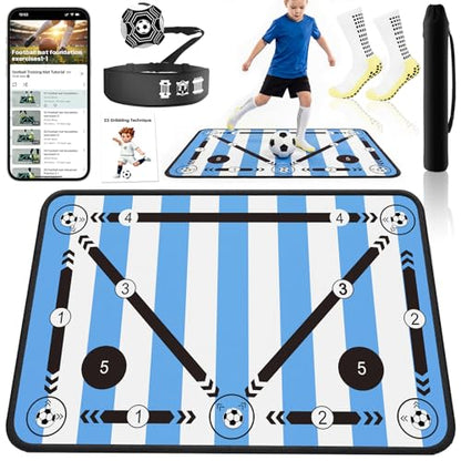2F22E Soccer Training Mat for Kids & Youth, Non-Slip Silent Footwork Training Equipment with Soccer Bounce Trainer & Socks, Ball Mastery Skills Mat with Instructional Video for Indoor Practice
