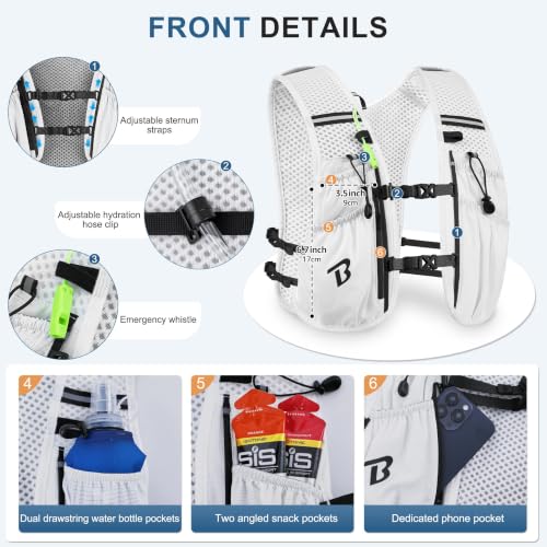 BECOJADDE Running Vest for Women Men, 5L/6L Lightweight Hydration Backpack Running Pack for Marathon, Trail, Cycling, Hiking, Jogging - color: White