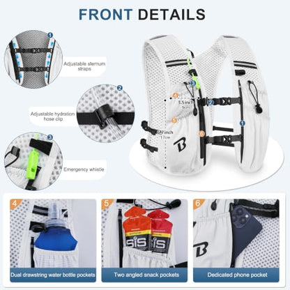BECOJADDE Running Vest for Women Men, 5L/6L Lightweight Hydration Backpack Running Pack for Marathon, Trail, Cycling, Hiking, Jogging - color: White