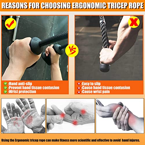 Ergonomic Tricep Rope Pulldown Attachments, Upgraded 27 32 40 & 47 Inch Extra Long Triceps Rope Cable Attachments for Gym, LAT Pull Down Bar for Cable Machine, Tricep Workout Cable Attachments - color: HAND ROPE-02