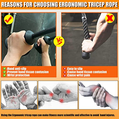 Ergonomic Tricep Rope Pulldown Attachments, Upgraded 27 32 40 & 47 Inch Extra Long Triceps Rope Cable Attachments for Gym, LAT Pull Down Bar for Cable Machine, Tricep Workout Cable Attachments - color: HAND ROPE-02