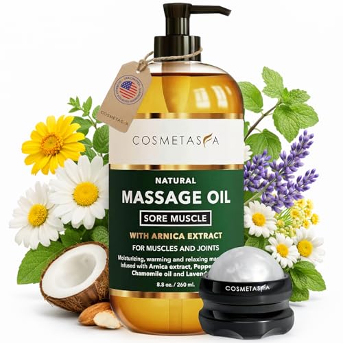 Cosmetasa Massage Oil for Sore Muscle Massage Therapy with Roller - All Natural, Cruelty-Free Massage Oils for Muscle Relaxing & Joint Comfort - Arnica Extract with Lavender & Chamomile Oil (8.8 oz)