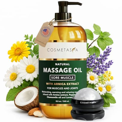 Cosmetasa Massage Oil for Sore Muscle Massage Therapy with Roller - All Natural, Cruelty-Free Massage Oils for Muscle Relaxing & Joint Comfort - Arnica Extract with Lavender & Chamomile Oil (8.8 oz)