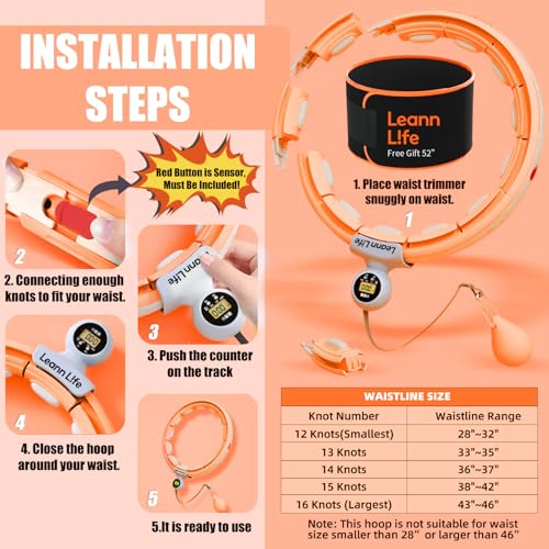 U5 Smart Weighted Hula Hoop with Counter, Waist Trimmer & Wash Bag –16 Knots, 28"–46" Adjustable Infinity Hoop Plus Size, Quiet Rubberized Wheels, Abdominal Toner - color: Orange + Waist Trimmer