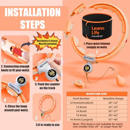 U5 Smart Weighted Hula Hoop with Counter, Waist Trimmer & Wash Bag –16 Knots, 28"–46" Adjustable Infinity Hoop Plus Size, Quiet Rubberized Wheels, Abdominal Toner - color: Orange + Waist Trimmer