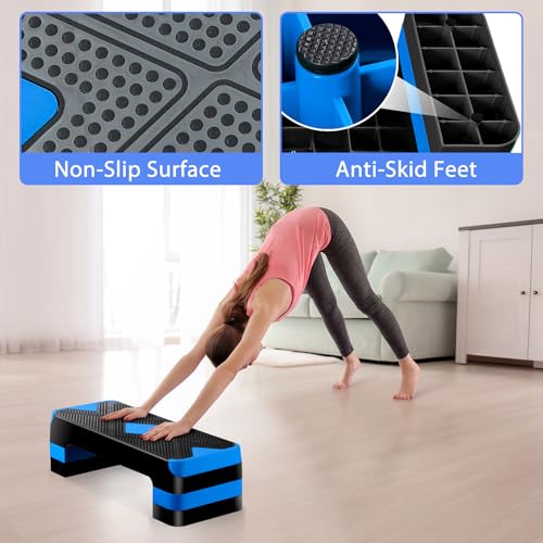 26.5" Height Adjustable Step Aerobic Platform with 4 Risers, Exercise Workout Stepper for Home Training, Gym Fitness, 4''- 6'' - 8'', 400 lbs Capacity - color: Blue