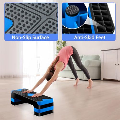 26.5" Height Adjustable Step Aerobic Platform with 4 Risers, Exercise Workout Stepper for Home Training, Gym Fitness, 4''- 6'' - 8'', 400 lbs Capacity - color: Blue