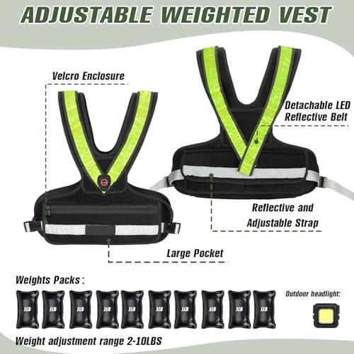 Weighted Vest for Women Men, Sport Running Weighted Vest with Reflective Strips and LED Flashing Sash, 10lbs/20lbs Weight Vest for Strength Training and Workout - size: 10LBS