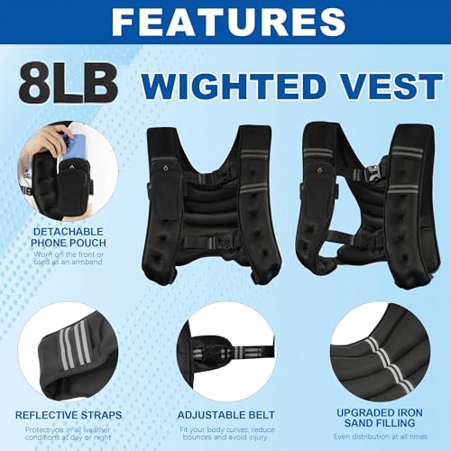 Fitvids Weighted Vest for Women & Men, Weight Vest with Detachable Phone Pouch for Walking, Running, Workout & Strength Training, 6lb/8lb/10lb Body Weight Vests for Fitness with Reflective Stripe - size: 8lb