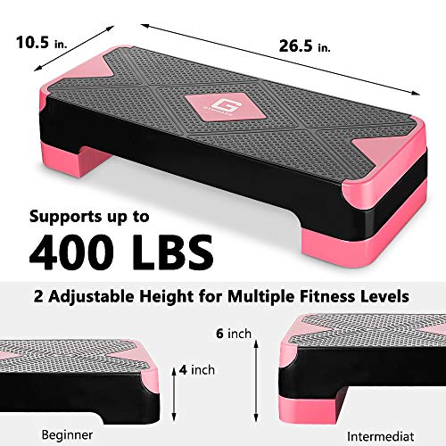 Adjustable Workout Aerobic Stepper, Aerobic Exercise Step Platform with 2 Risers, Exercise Step Deck for Fitness, 26.5" Trainer Stepper with Non-Slip Surface Home Gym & Extra Risers Options - color: Pink&Black