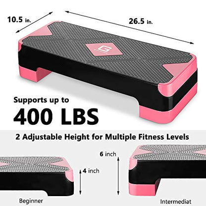 Adjustable Workout Aerobic Stepper, Aerobic Exercise Step Platform with 2 Risers, Exercise Step Deck for Fitness, 26.5" Trainer Stepper with Non-Slip Surface Home Gym & Extra Risers Options - color: Pink&Black