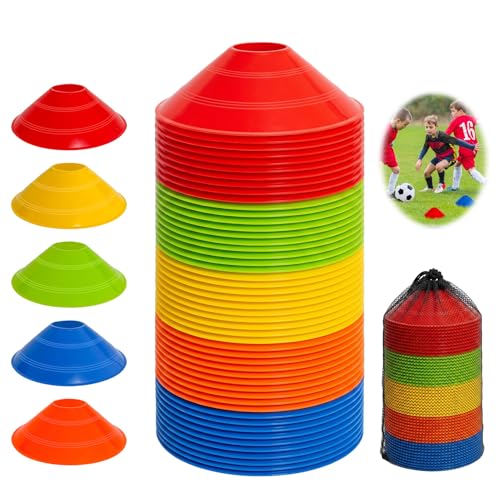 Soccer Cones for Sports Training with Mesh Carry Bag, Multi-Color Agility Disc Cones for Football Basketball Drills, 7.5 Inch Flexible Plastic Field Markers for Kids & Adults - color: 50 Pack