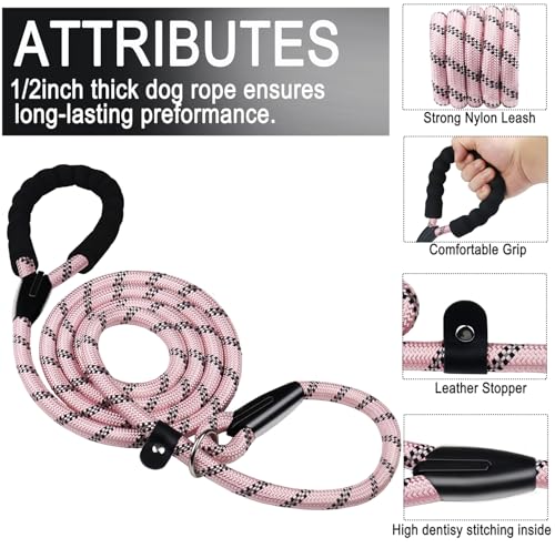 6 FT Heavy Duty Dog Leashes with Comfortable Padded Handle,Light Pink - color: Light Pink, size: 6 Feet x 1/2 Inch