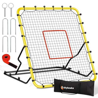 48" x 52" Baseball & Softball Rebounder Net with 3 Adjustable Angles - Pitch Back Rebound - Bounce Back Return Net - Fielding Trainer with Carry Bag - Super Stable & Easy Set Up (Yellow, Small)
