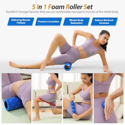 5 in1 Foam Roller Set, Trigger Point Foam Roller, Massage Roller Stick, Massage Ball, Resistance Band for Deep Muscle Massage Pilates Yoga,Fitness Exercise for Whole Body (Pure Blue)
