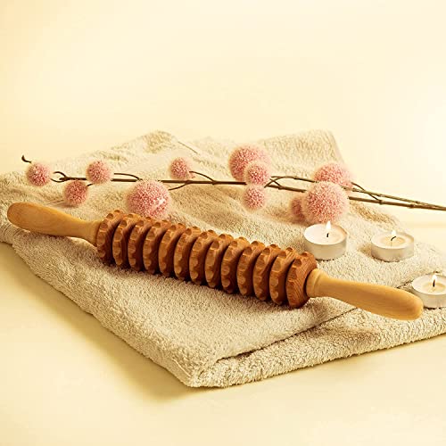 2 Pcs Wooden Sturdy Lymphatic Drainage Roller & Back Massager with Ropes, Maderotherapy, Body Sculpting- Recommended by Professionals (Roller & Massager) - color: Roller & Massager
