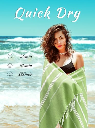 Turkish Beach Towel Oversized - 40"x70" Quick Dry Sand Free Thin Pool Towel for Adults, Extra Large Cotton Lightweight Travel Towel (Apple Green)