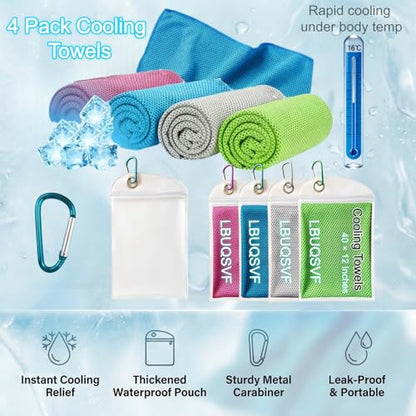 4 Pack Cooling Towels 40"x12" for Men & Women, Microfiber Ice Cold Rags for Neck & Face, Soft Breathable Cool Sweat Towel for Hot Weather, Sports, Yoga, Running, Camping, Gym, Workout