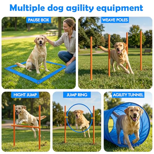 Dog Agility Course Backyard Set, Dog Obstacle Course Training Starter Kit Pet Outdoor Game with Tunnel, Agility Hurdle, Weave Poles, Jump Ring, Pause Box, Collapsible Dog Bowls and Storage Bag