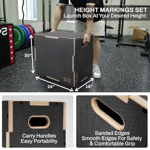 Signature Fitness 16" x 14" x 12" Non-Slip Wooden Plyo Box Jump Exercise Platform, Plyometric Workout Equipment for Home Gym, Training Step Box, Gray - size: 16x20x24"