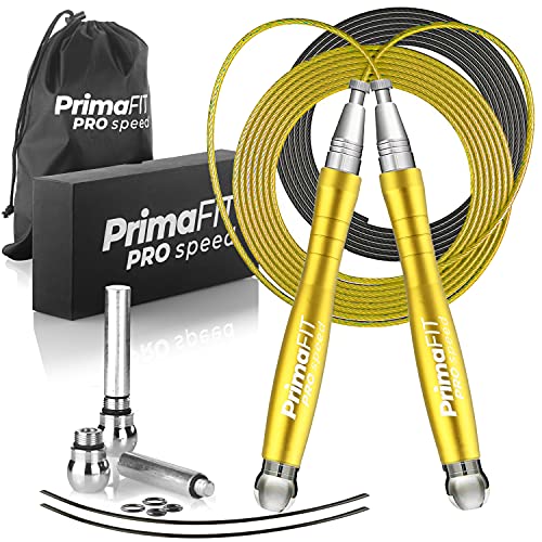 Jump Rope Pro Speed Skipping Rope Adjustable Adult Jumping Rope Weighted Aluminium Handles for Double Dutch Boxing Workout Crossfit Exercise Fitness Spare Cable Weights Protectors Carry Bag - color: Golden