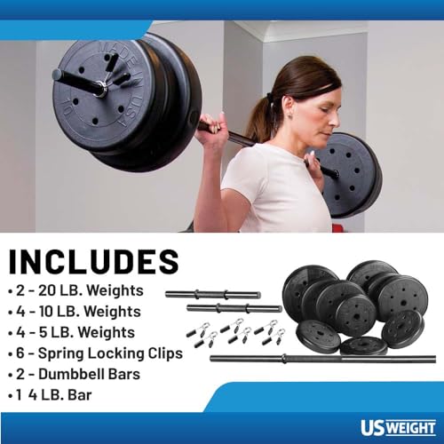 US Weight 105 Pound Barbell Weight Set for Home Gym| Adjustable Weight Set with Two Dumbbell Bars and Full 6 Ft Bar, Black
