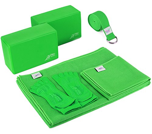 Yoga Accessories Set - Includes 2 Yoga Blocks, 1 Microfiber Non Slip Mat Towel 72X24, 1 Microfiber Hand Towel 24X15, 1 Yoga Strap, 1 Pair of Yoga Socks (Green)