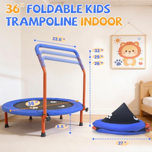 36" Trampoline for Kids - ASTM Certified Foldable Toddler Trampoline Indoor/Outdoor, Mini Rebounder with Foam Handle, Safe Quiet Stable, Easy to Assemble, Gift for Kids