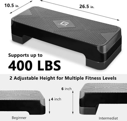 Adjustable Workout Aerobic Stepper, Aerobic Exercise Step Platform with 2 Risers, Exercise Step Deck for Fitness, 26.5" Trainer Stepper with Non-Slip Surface Home Gym & Extra Risers Options - color: Dark Gray