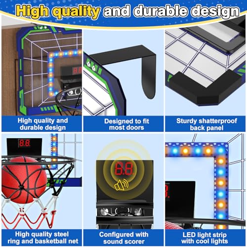 Kids Indoor Basketball Hoop - Over The Door Mini Basketball Hoop with LED Scoreboard, Lights & Sound, Includes 4 Balls - Fun Birthday for Boys & Girls Ages 3-12 to Play Anywhere