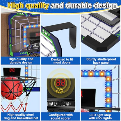 Kids Indoor Basketball Hoop - Over The Door Mini Basketball Hoop with LED Scoreboard, Lights & Sound, Includes 4 Balls - Fun Birthday for Boys & Girls Ages 3-12 to Play Anywhere