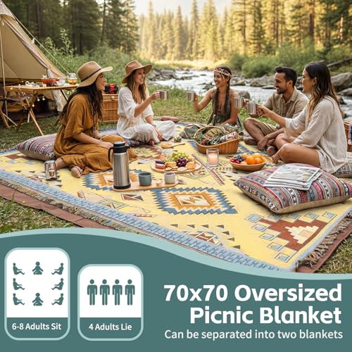2 in 1 Extra Large Camping Blanket Outdoor Rug Picnic Yoga Mat Lightweight Car Essential Roadtrip Gadget Rv Accessories Glamping Gear Must Haves Hiking Stuff Backpacking Necessities Women Beach Gift - color: Boho Yellow