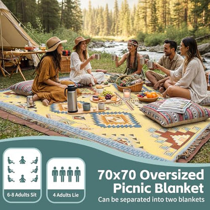 2 in 1 Extra Large Camping Blanket Outdoor Rug Picnic Yoga Mat Lightweight Car Essential Roadtrip Gadget Rv Accessories Glamping Gear Must Haves Hiking Stuff Backpacking Necessities Women Beach Gift - color: Boho Yellow